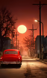 a red classic car drives down a quiet street as the sun sets