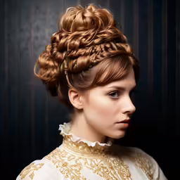 a woman with a curly, braided updo looking off to the side