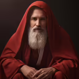 a man in a red robes stands with his hands crossed