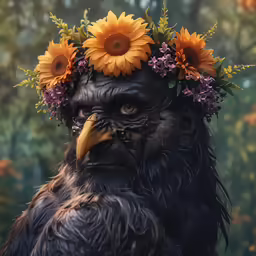 an eagle wearing a wreath of sunflowers on its head