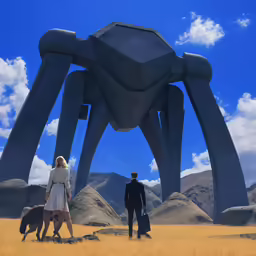 an artistic image of a couple standing in front of a giant structure