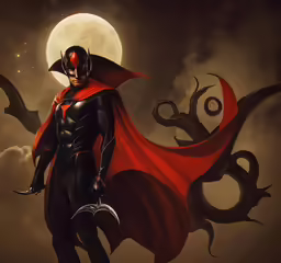 a male superhero holding up his red cape and black mask