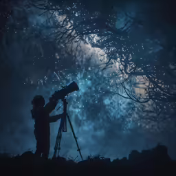 a man holding a telescope is standing near the trees