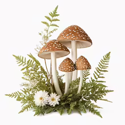 four mushrooms and daisies are in a planter