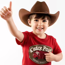 a small child wearing a cowboy hat and pointing at the camera