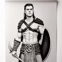 a drawing of a man holding a sword and a shield