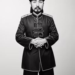 an oriental man in military clothing holding a camera