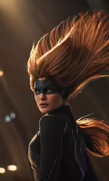 a woman wearing an adult costume in front of spotlight