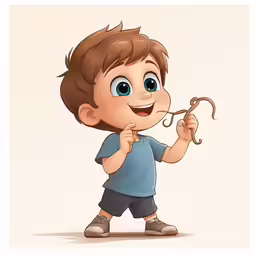 a cartoon boy looking into a camera while holding a pair of scissors