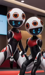 two robotic statues sitting on top of a floor