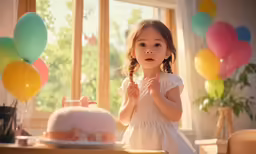 a little girl standing in front of a birthday cake with balloons in the background