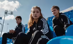 two kids sit next to each other on bleachers
