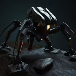 an animation image of a futuristic robot on top of rocks