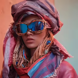 a woman in sunglasses stands near an orange wall