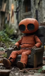 a creepy little robot is in an old chair