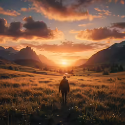 a man walking away from the sun in a wide field