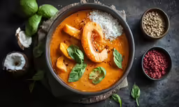 a bowl filled with soup next to some other foods