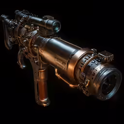 a large brass camera mounted to a black background