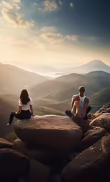 a couple sitting on some rocks with the sun behind them