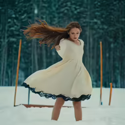 a woman standing in the snow holding her hair