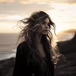 a woman looking over at the ocean,a woman with long hair on top of a hill