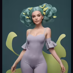 a woman with green hair in an elaborately designed outfit