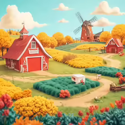a small rural scene with red barns, red windmills, and lots of flowers