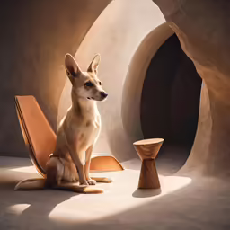 a dog sitting on the ground next to an item