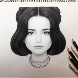 a drawing of a young woman with long dark hair