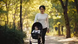 a young woman walking in the woods with her stroller