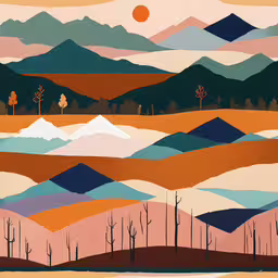 a painting of mountains and trees on a brown, pink, green, blue, and white background,an abstract painting depicting mountains, trees and blue sky