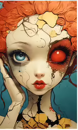 there is a girl with a lot of hair and red eyes