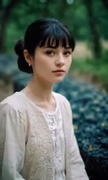 a woman wearing a dress and earrings standing outside