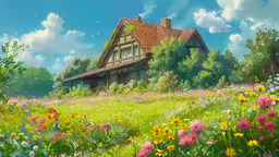 a house on a hill surrounded by a green field with flowers,an artful scene features a flower - filled field and a house