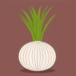 onion, with green leaves on top on brown background