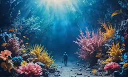 a man walking through an underwater cave, with coral and reef plants in the foreground