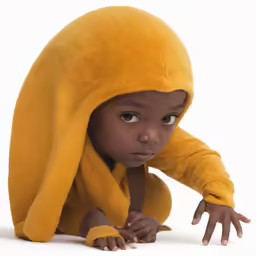 a small child dressed up as a bunny wearing a yellow towel