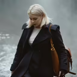 blonde woman walking across water with fog in the background