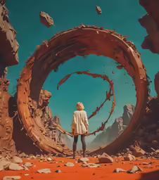a man looking at a rock tunnel in the desert