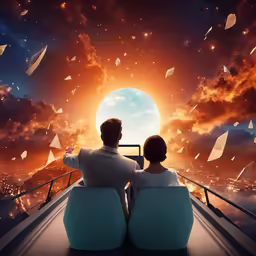a couple sits next to each other in a space like environment
