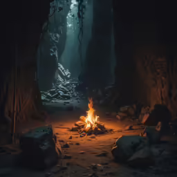 a campfire in a dimly lit forest setting