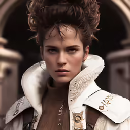 a woman with messy hair is dressed in a jacket and coat