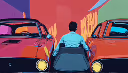 a man pushing an electric car with a woman sitting in it,a man in a seatless car, and a red car on the street
