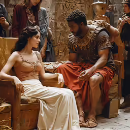 the woman in orange and white dress is sitting in a chair
