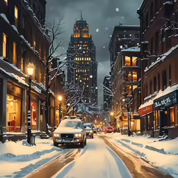cars driving down a snowy city street in winter