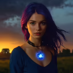 a female with purple hair wearing a necklace with an illuminated glow