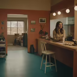 a woman sits in front of a table in a kitchen