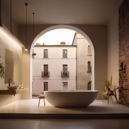 a bathroom with a large oval tub in it