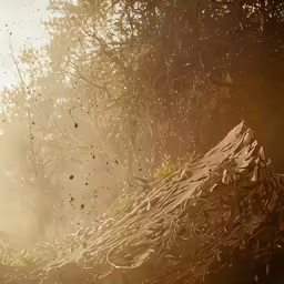 a fire hydrant spewing out a red substance on a fally tree stump