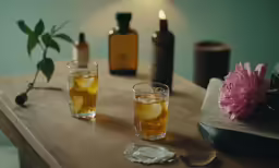 a wooden table topped with glasses and vases